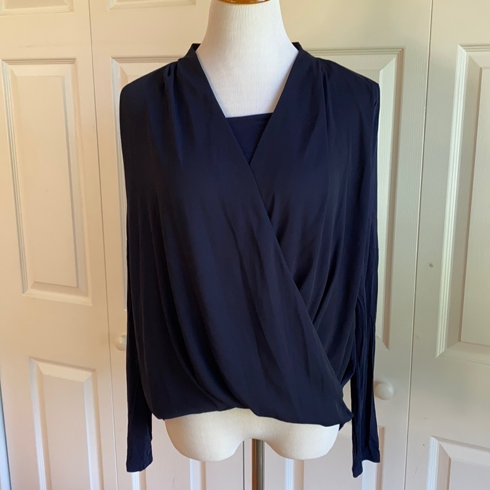 White House Black Market Navy Drape-Front Long Sleeve Blouse Size Medium